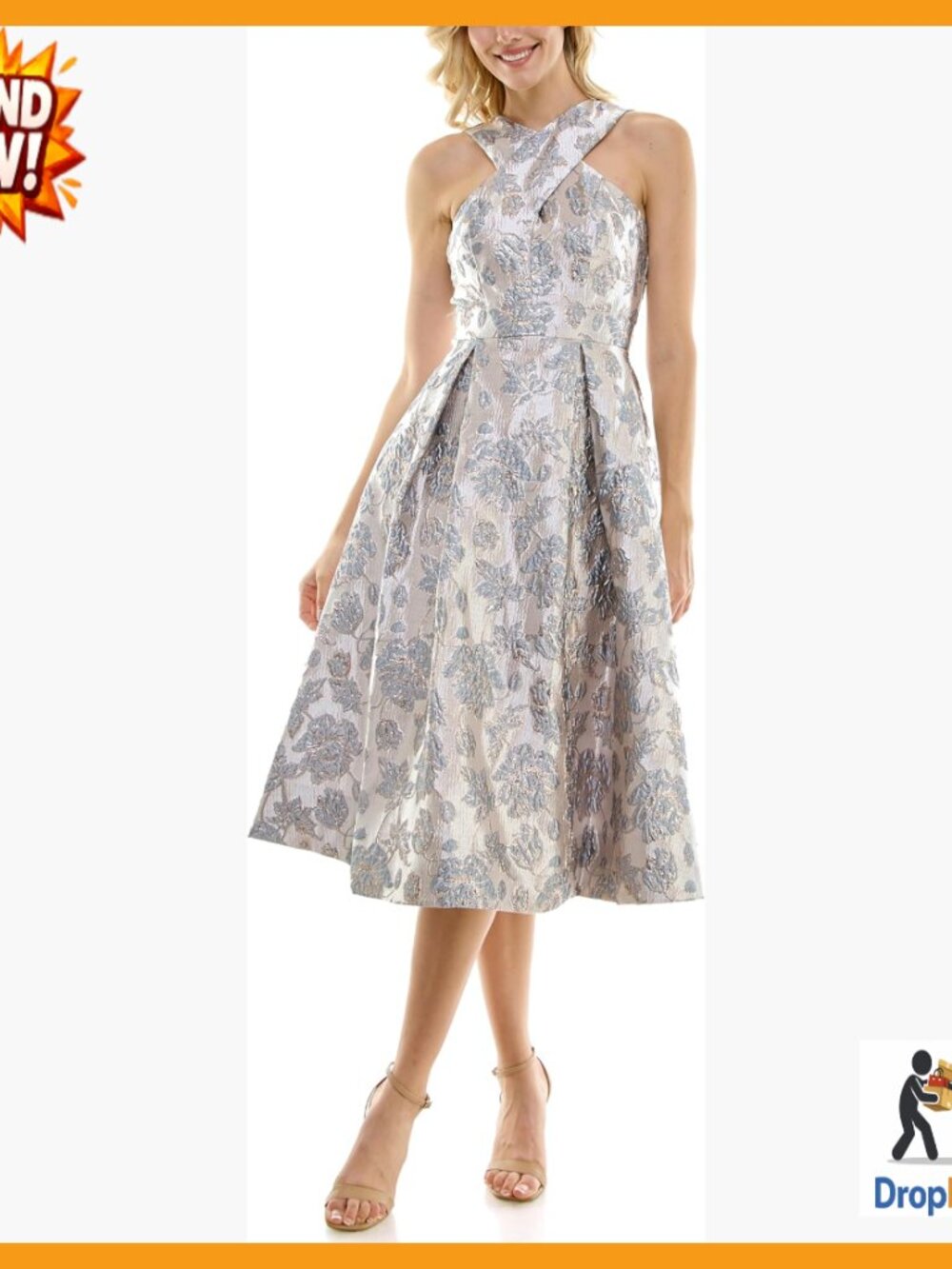 Brocade Jacquard Halter Midi Dress Elegant Cocktail Party Evening Wear